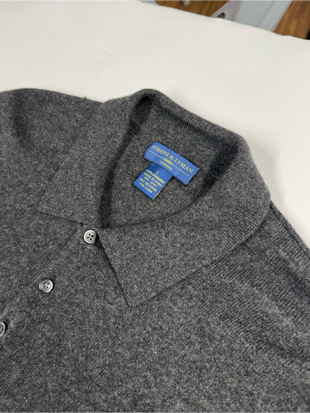 Joseph & Lyman Mens L Grey 100% Cashmere Long Sleeve Polo Sweater Knit Collared